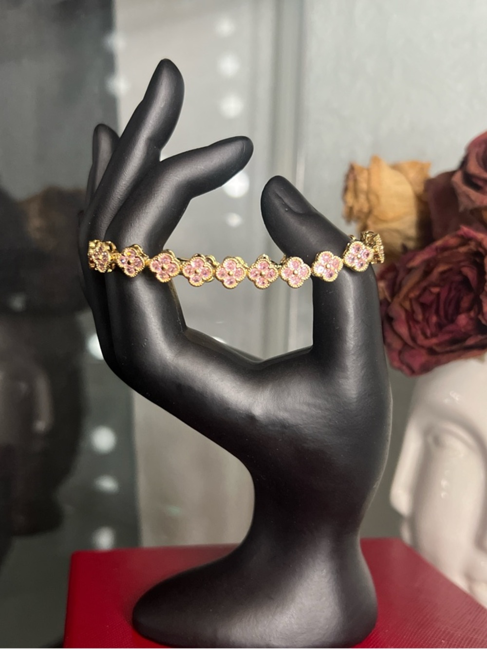 Gold Floral Pink Crystal Braceletu